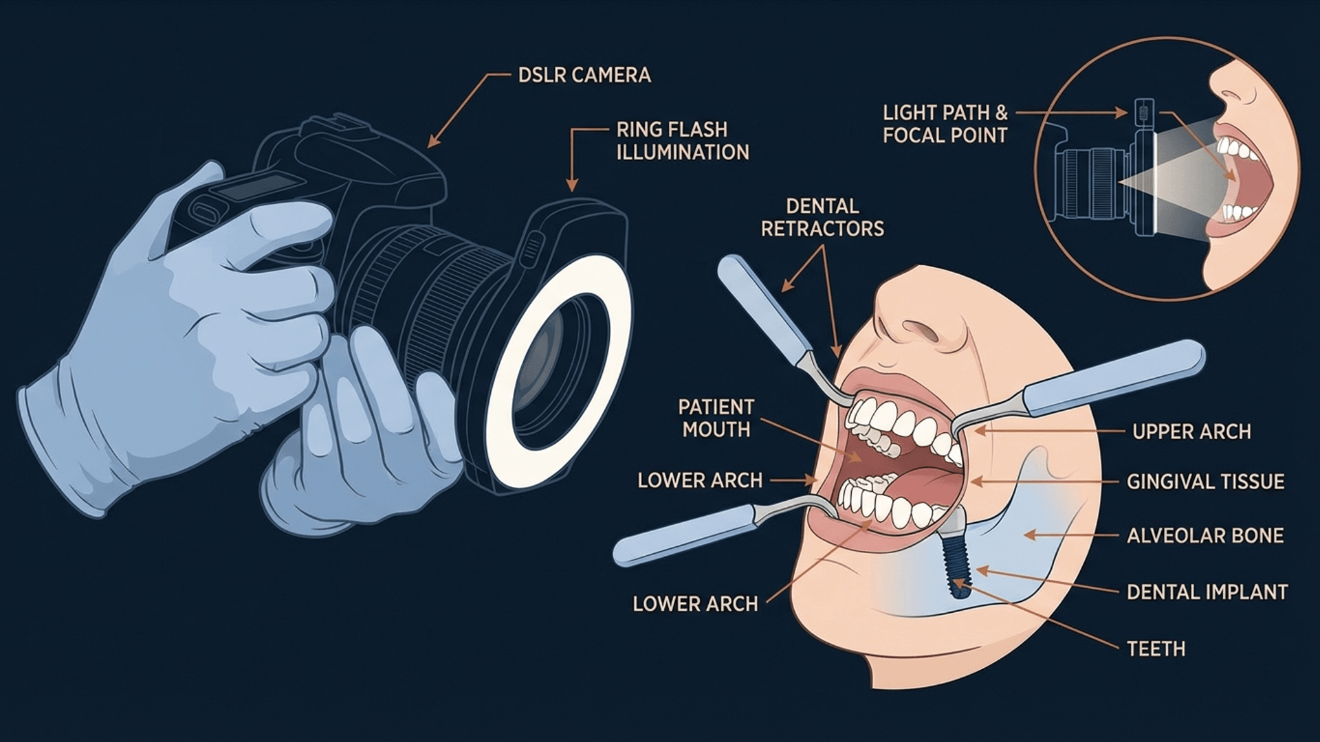 Dental photography case documentation setup showing proper technique for clinical photos
