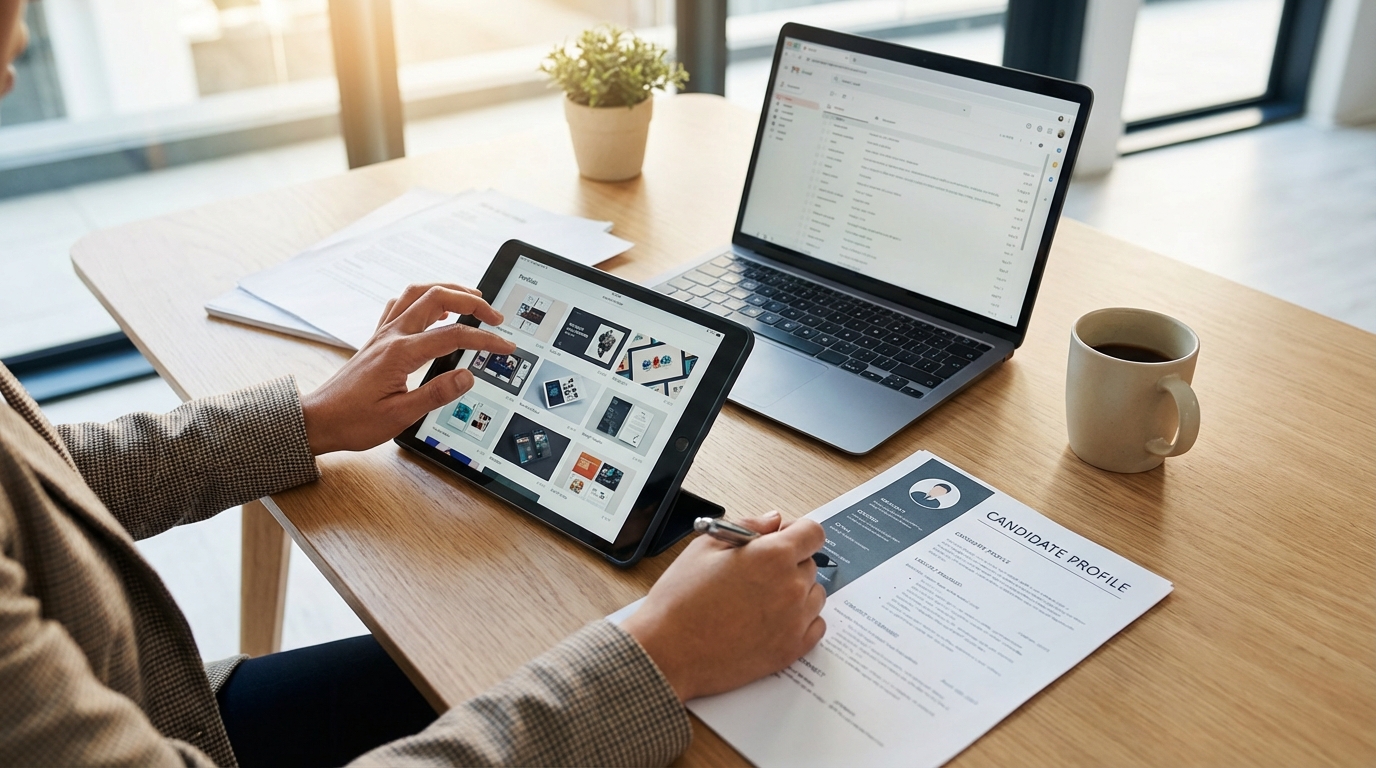 Professional reviewing candidate portfolios and CVs on laptop in modern office setting