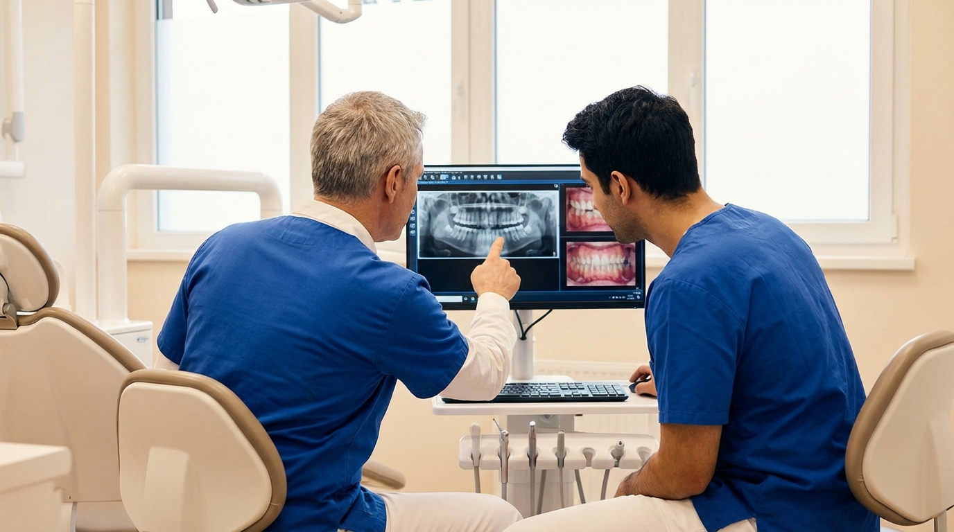 Senior dental professional mentoring a younger colleague in clinical setting