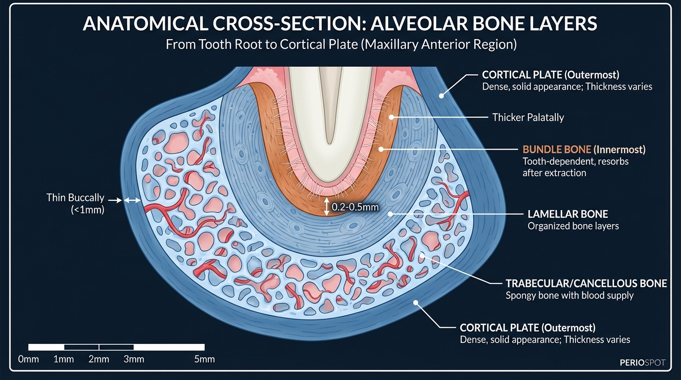 Cross-section showing the 4 layers of alveolar bone