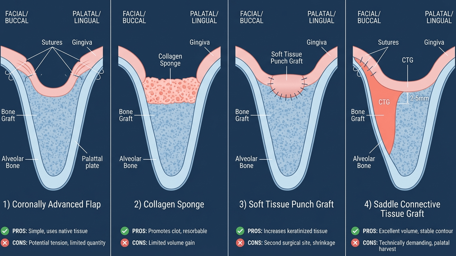 Socket Preservation Technique Comparison showing four soft tissue management approaches: Coronally Advanced Flap, Collagen Sponge, Soft Tissue Punch Graft, and Saddle Connective Tissue Graft