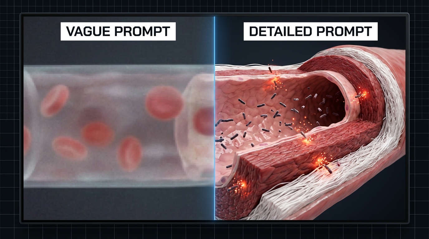 Vague prompt vs detailed prompt comparison showing the dramatic difference in AI video output quality