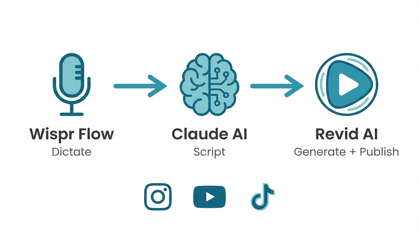 The complete workflow: Wispr Flow for dictation, Claude AI for script writing, Revid AI for video generation and publishing