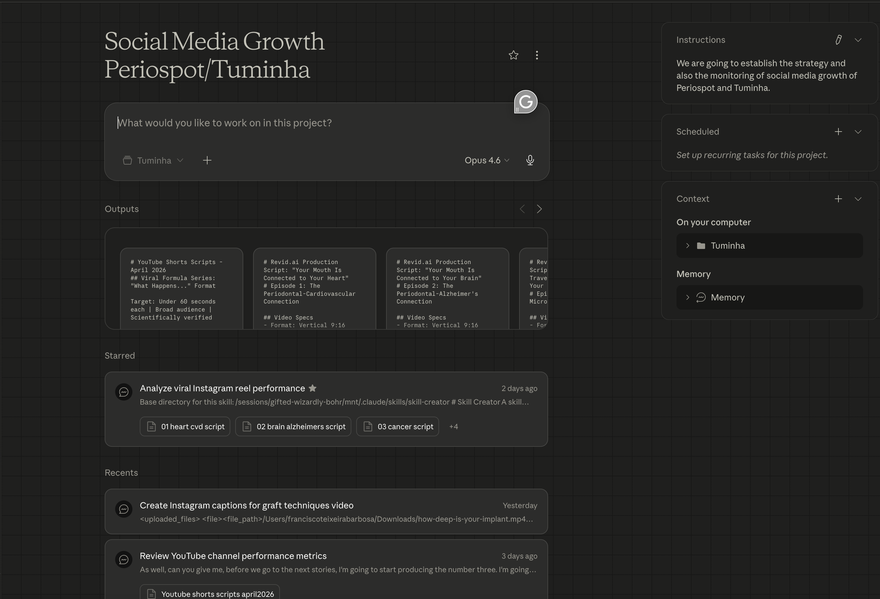 My Claude AI project workspace for social media growth — where I organize scripts, analyze performance, and plan content