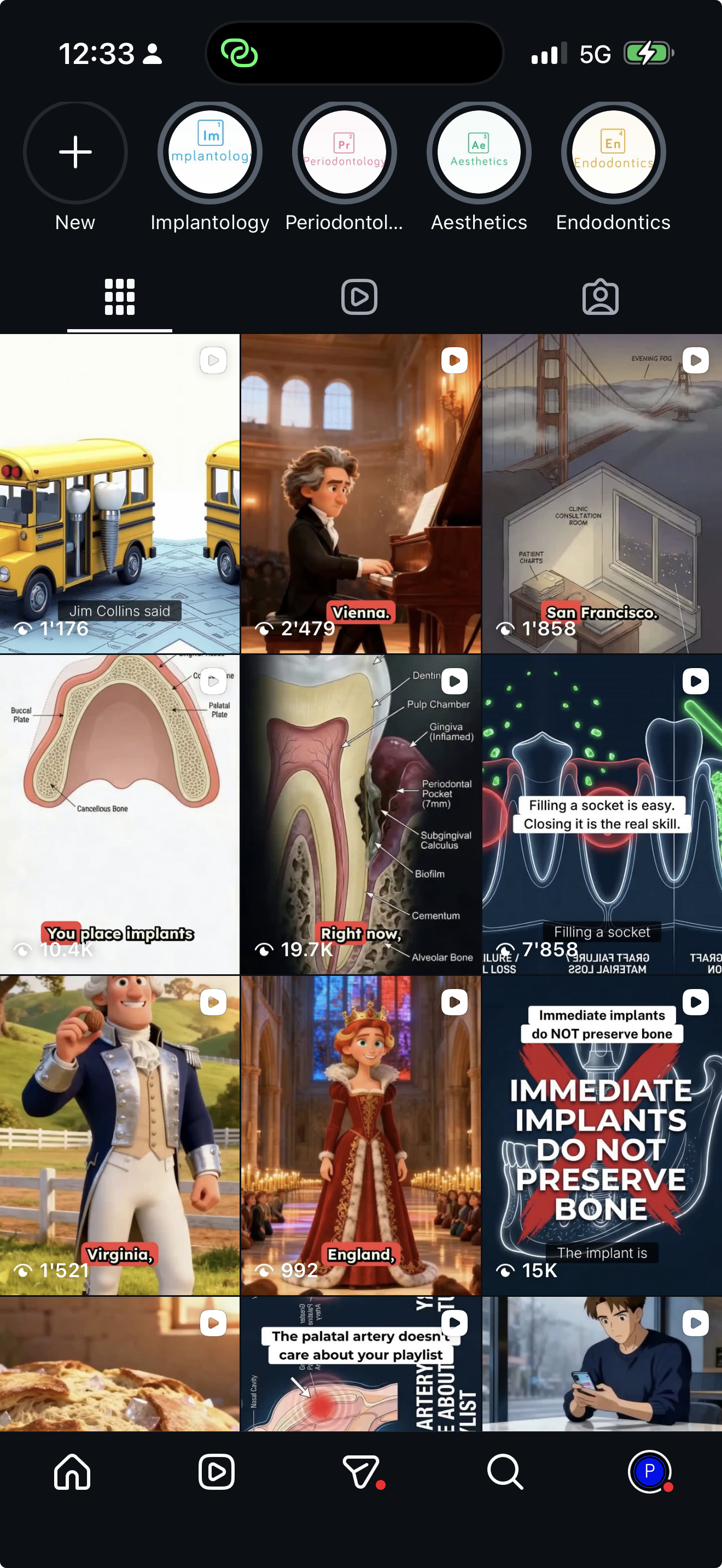 The @periospot Instagram profile grid — real Reels with AI-generated Pixar-style visuals and actual view counts