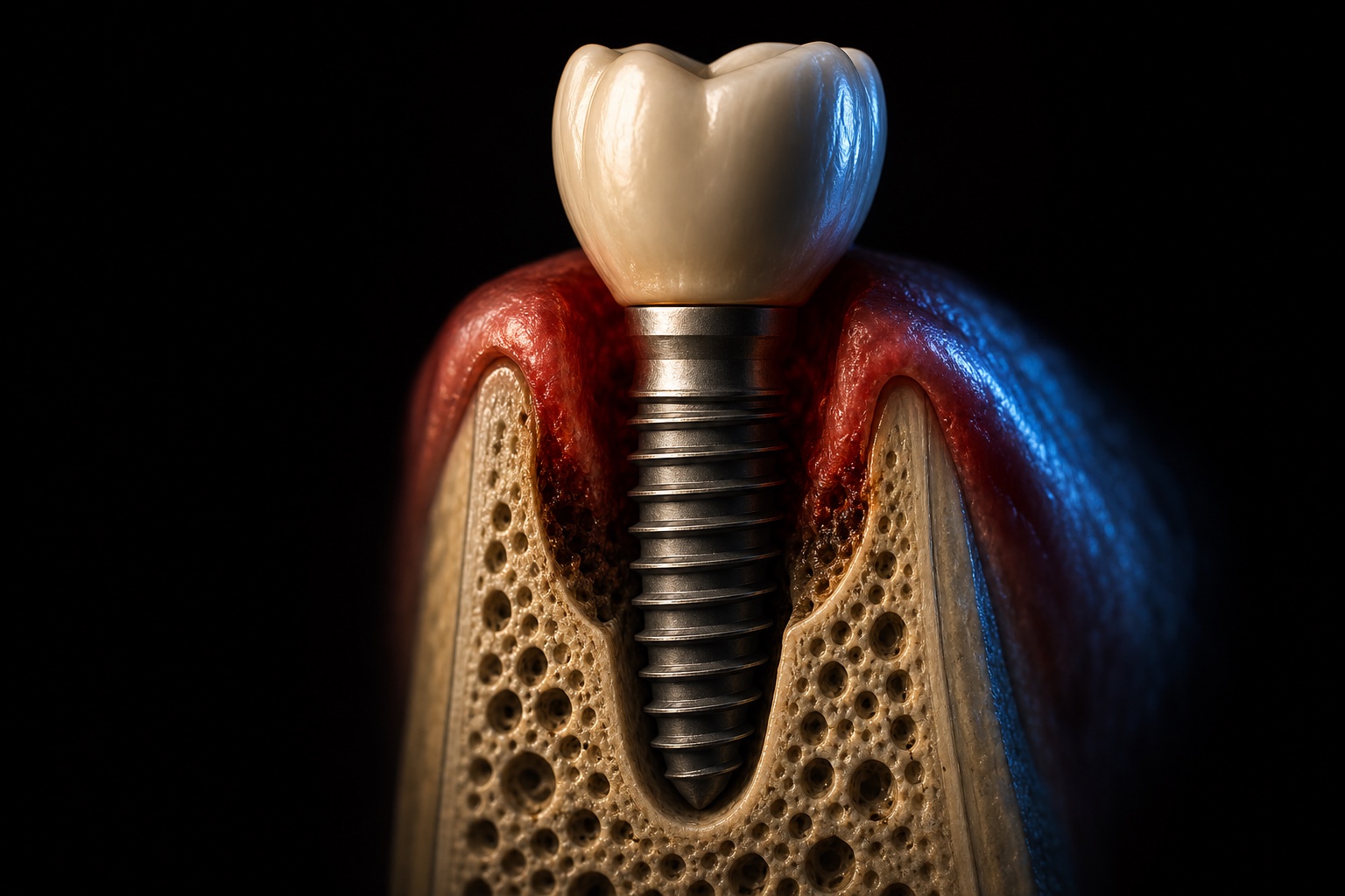 Cross-section of a contained infrabony peri-implant crater defect with intact apical bone