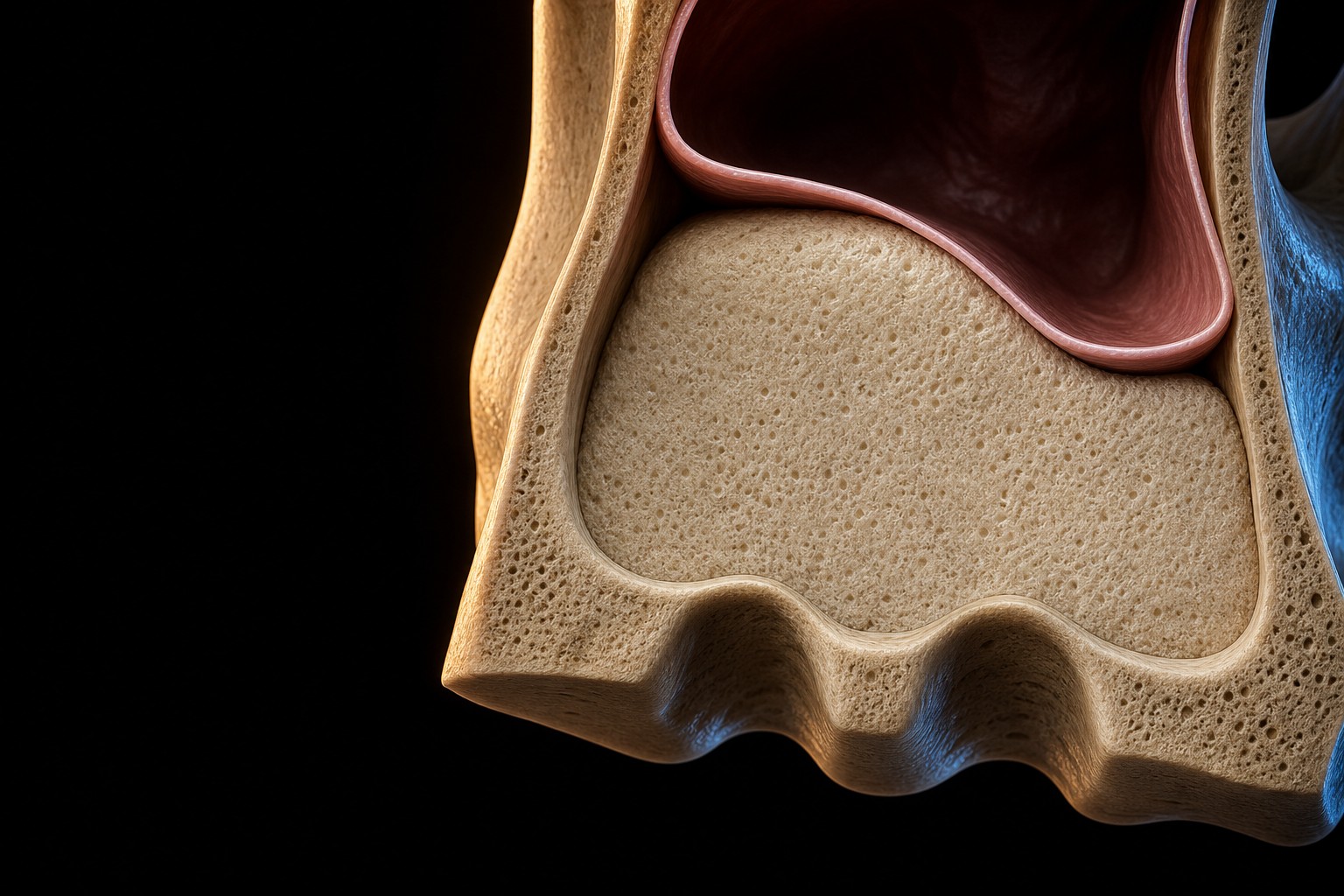 A healed maxillary sinus graft with consolidated new bone under the elevated floor