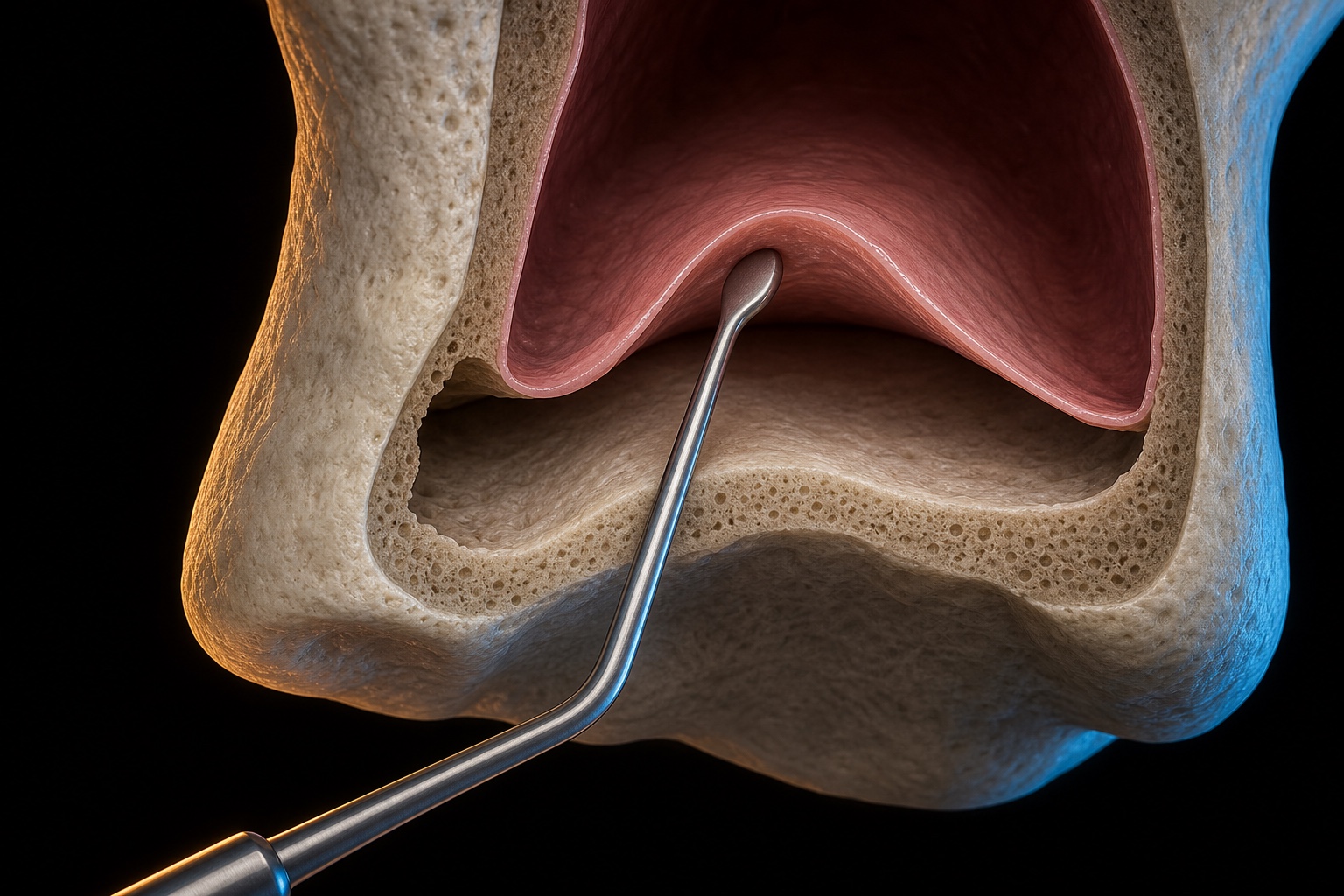 A curette elevating the Schneiderian membrane off the sinus floor