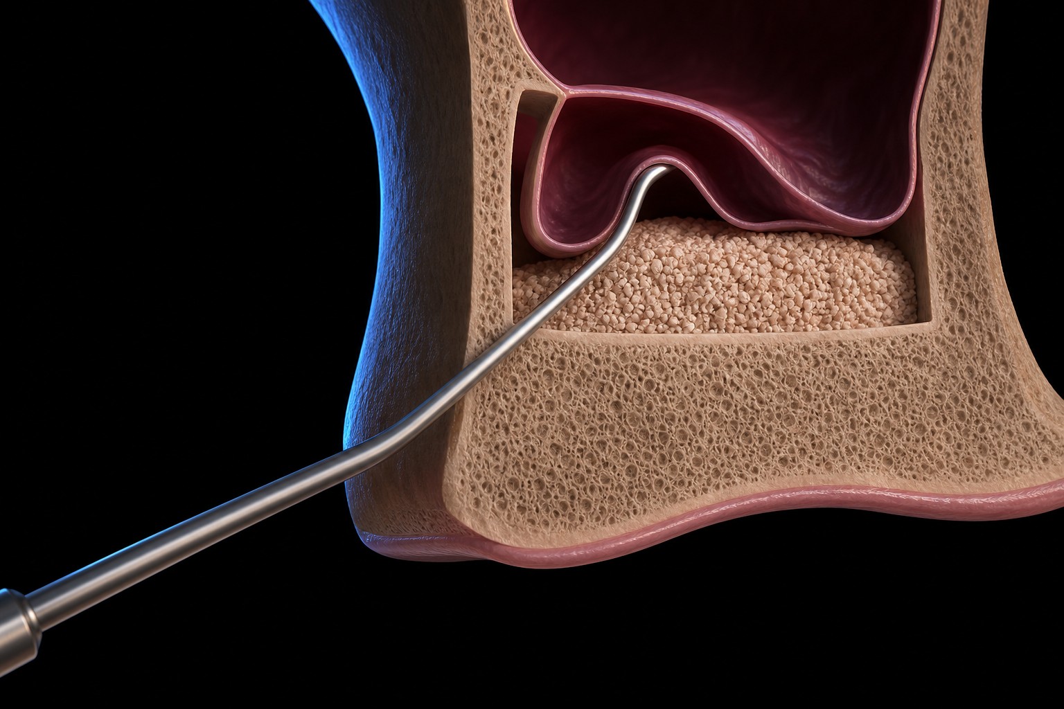 The lateral window gives direct access to elevate the membrane and place graft