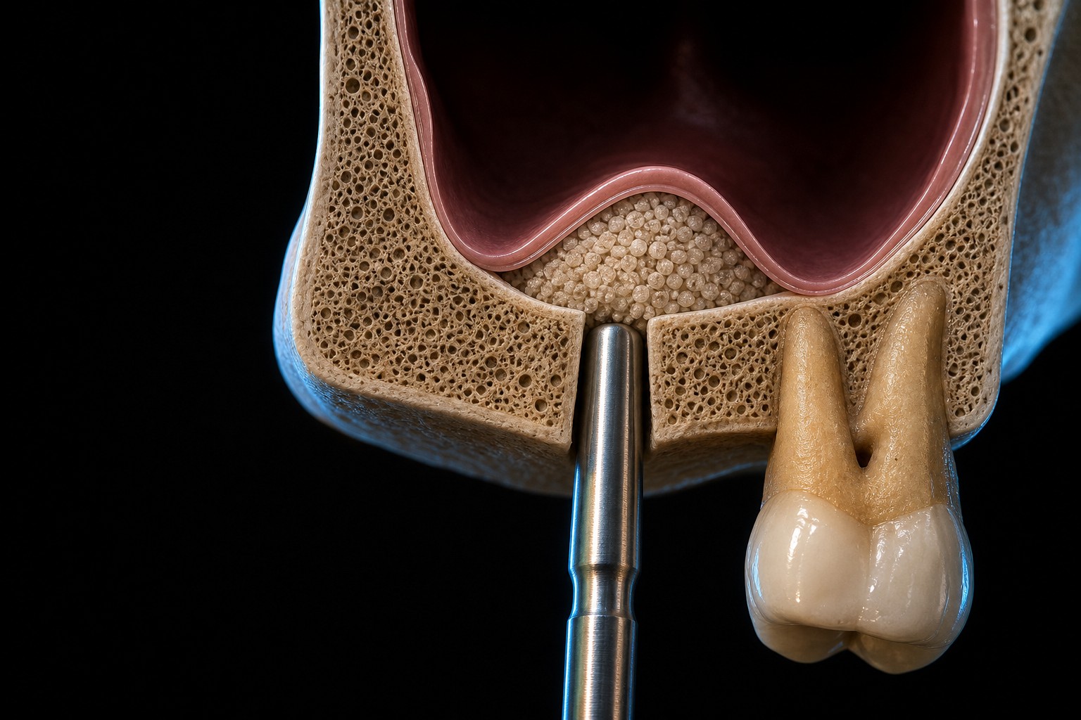 The transcrestal approach elevates the sinus floor and membrane through the implant osteotomy