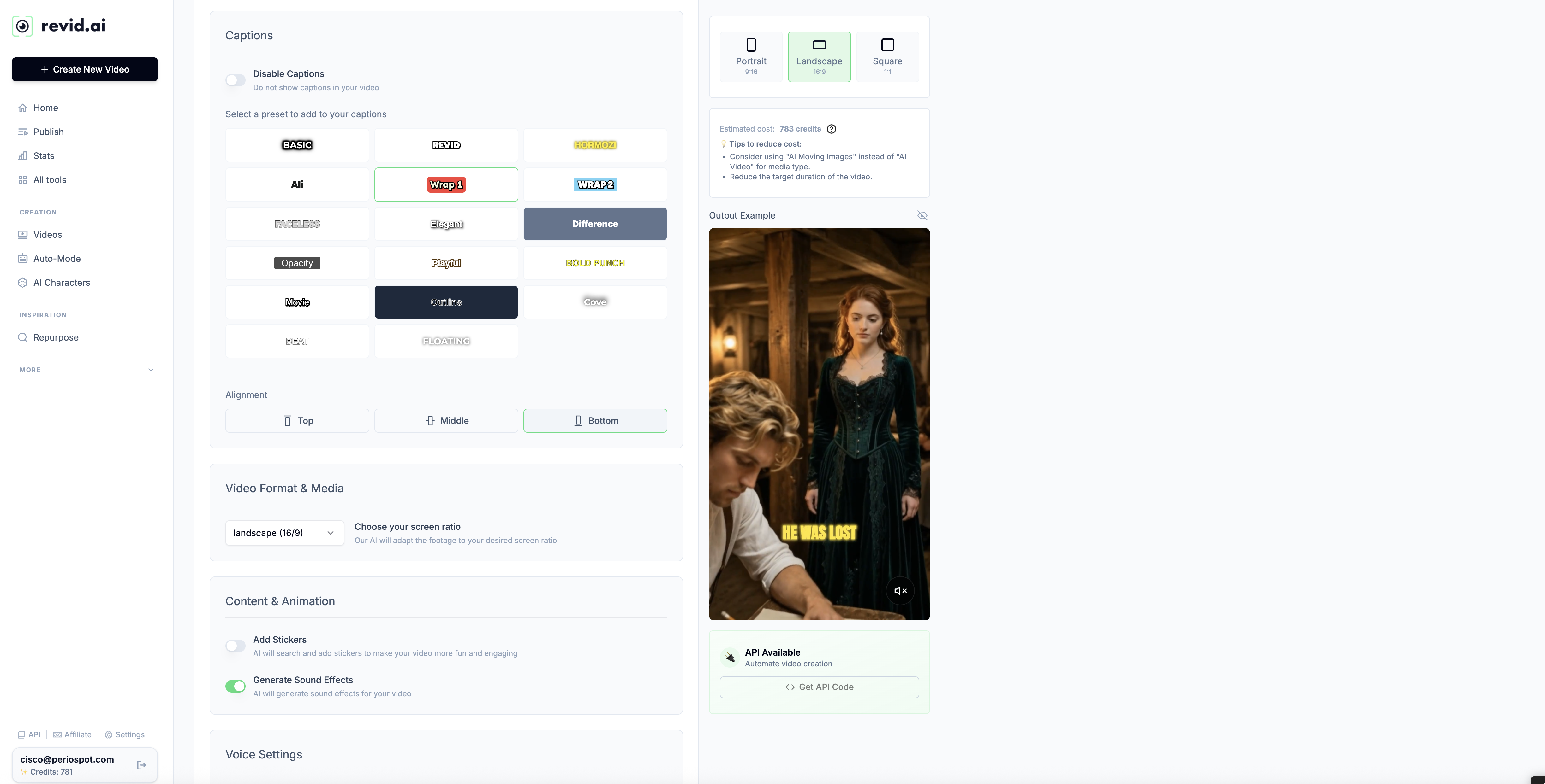 Revid AI captions and video format settings — I use the Differences style with Bold Jumpy animation for maximum readability