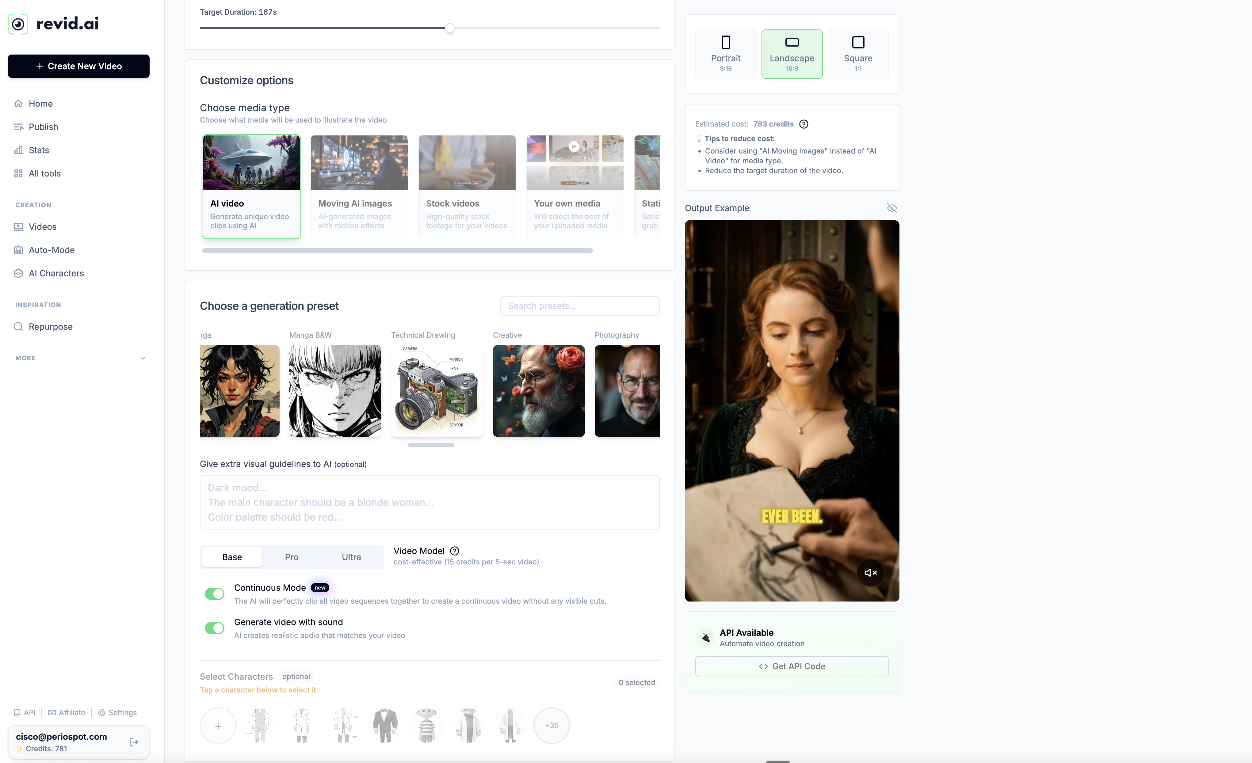 Revid AI customization panel — choosing media type, generation preset (Pixar/Educational), video model quality, and AI characters