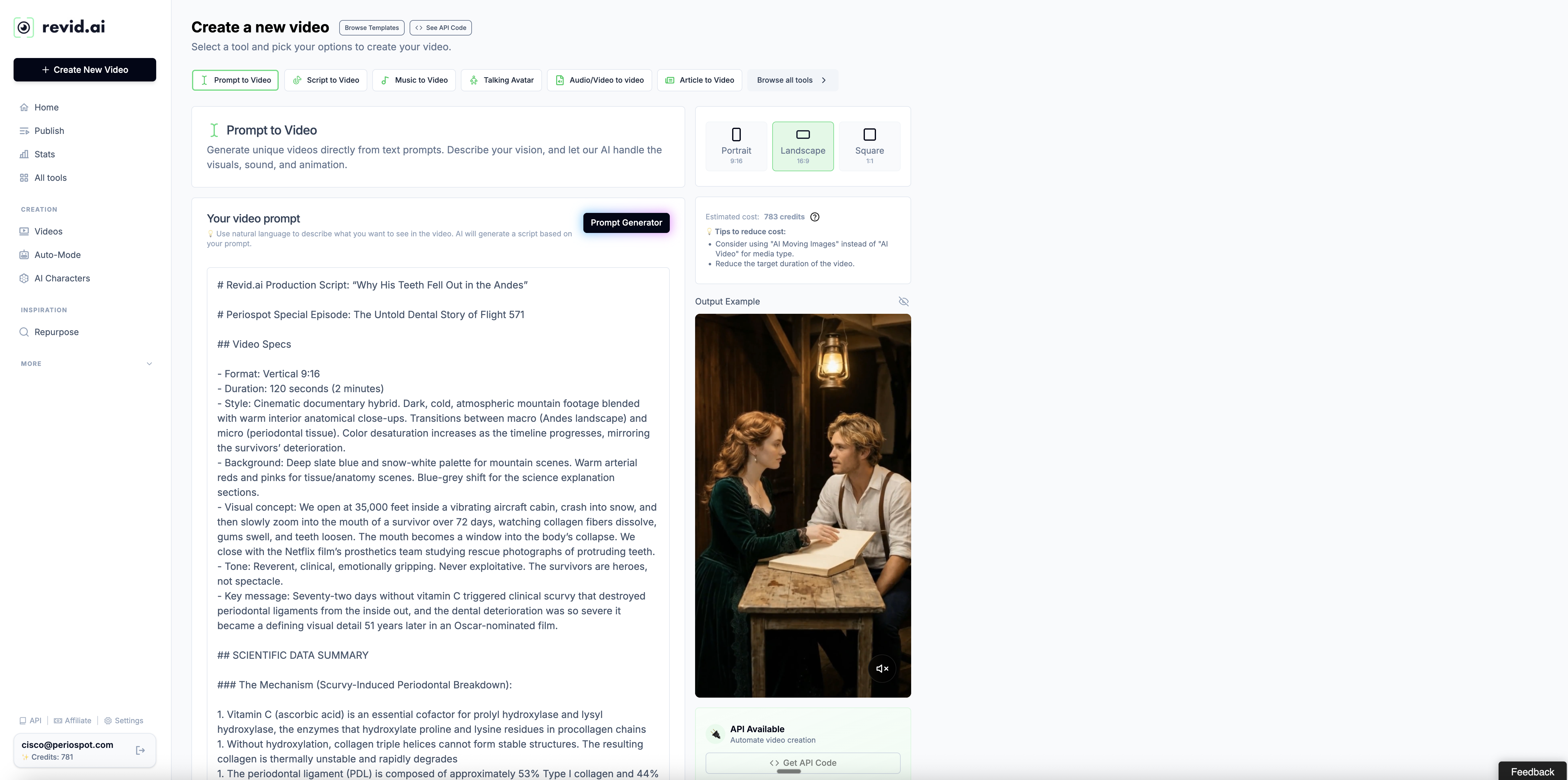 Revid AI Prompt to Video interface — pasting the script and selecting Pixar preset