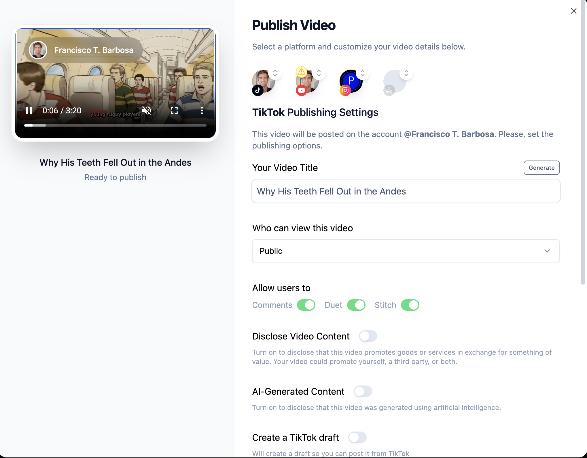 Revid AI Publish Video panel — select platform, set title, visibility, and publish directly to TikTok, YouTube, and Instagram