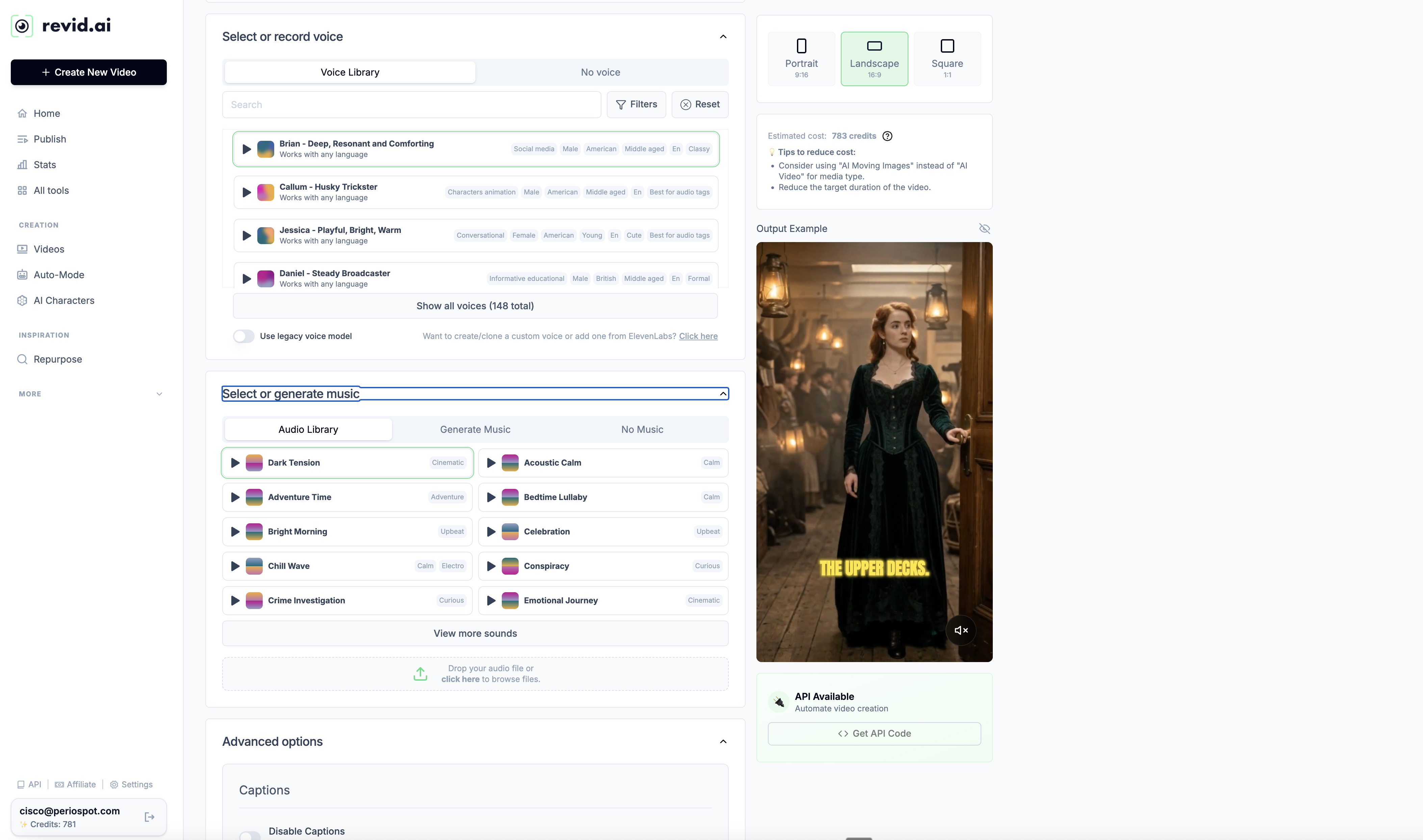 Revid AI voice selection and music library — I use Drew (deep, resonant) for most stories