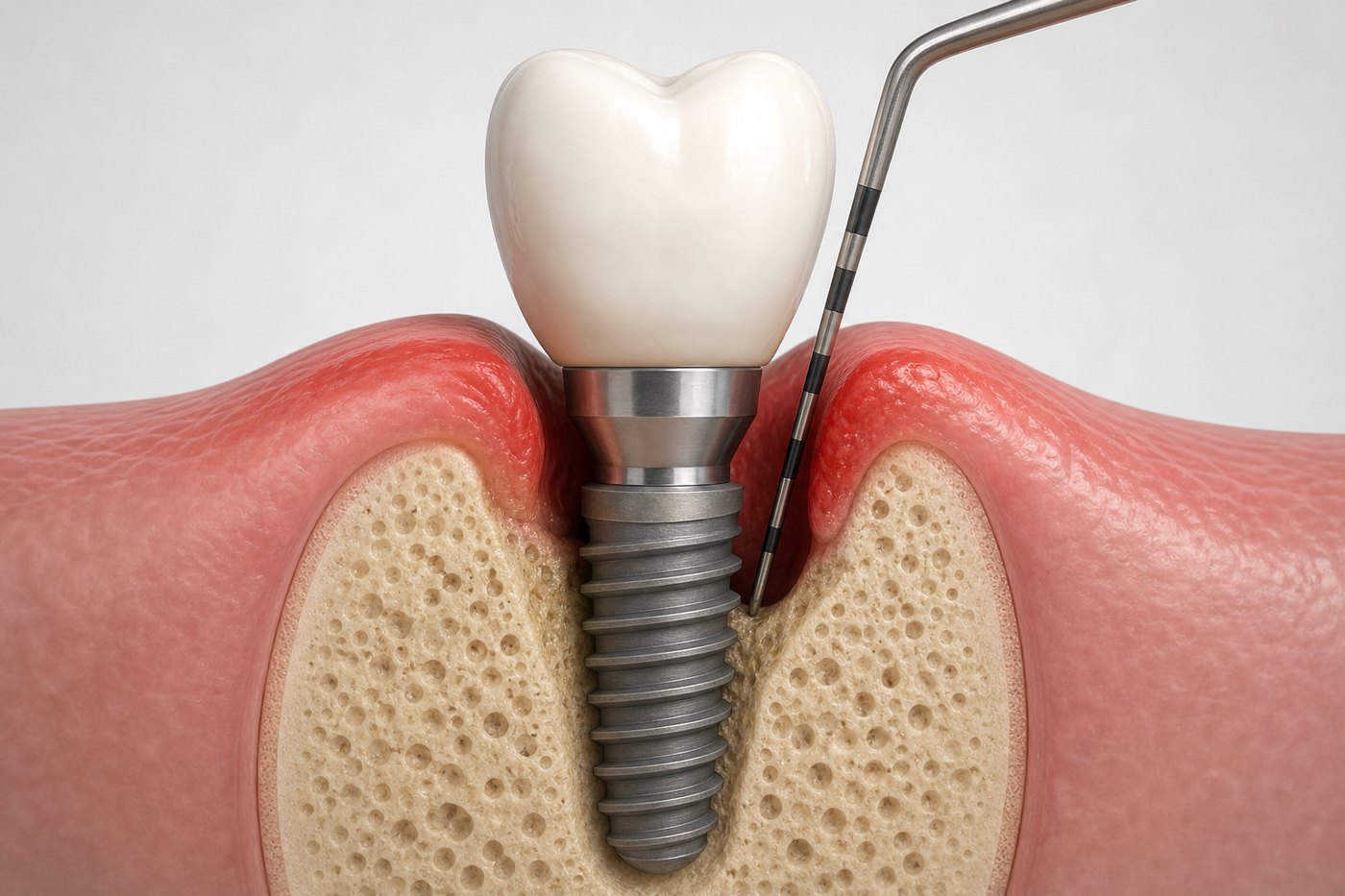 A periodontal probe revealing increased peri-implant probing depth and inflammation