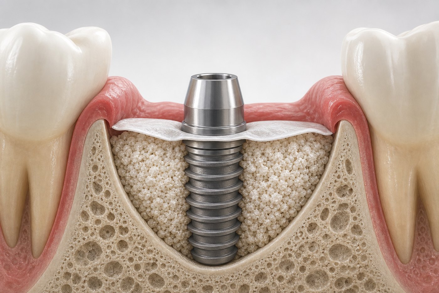 A contained intra-bony defect reconstructed with particulate graft under a barrier membrane