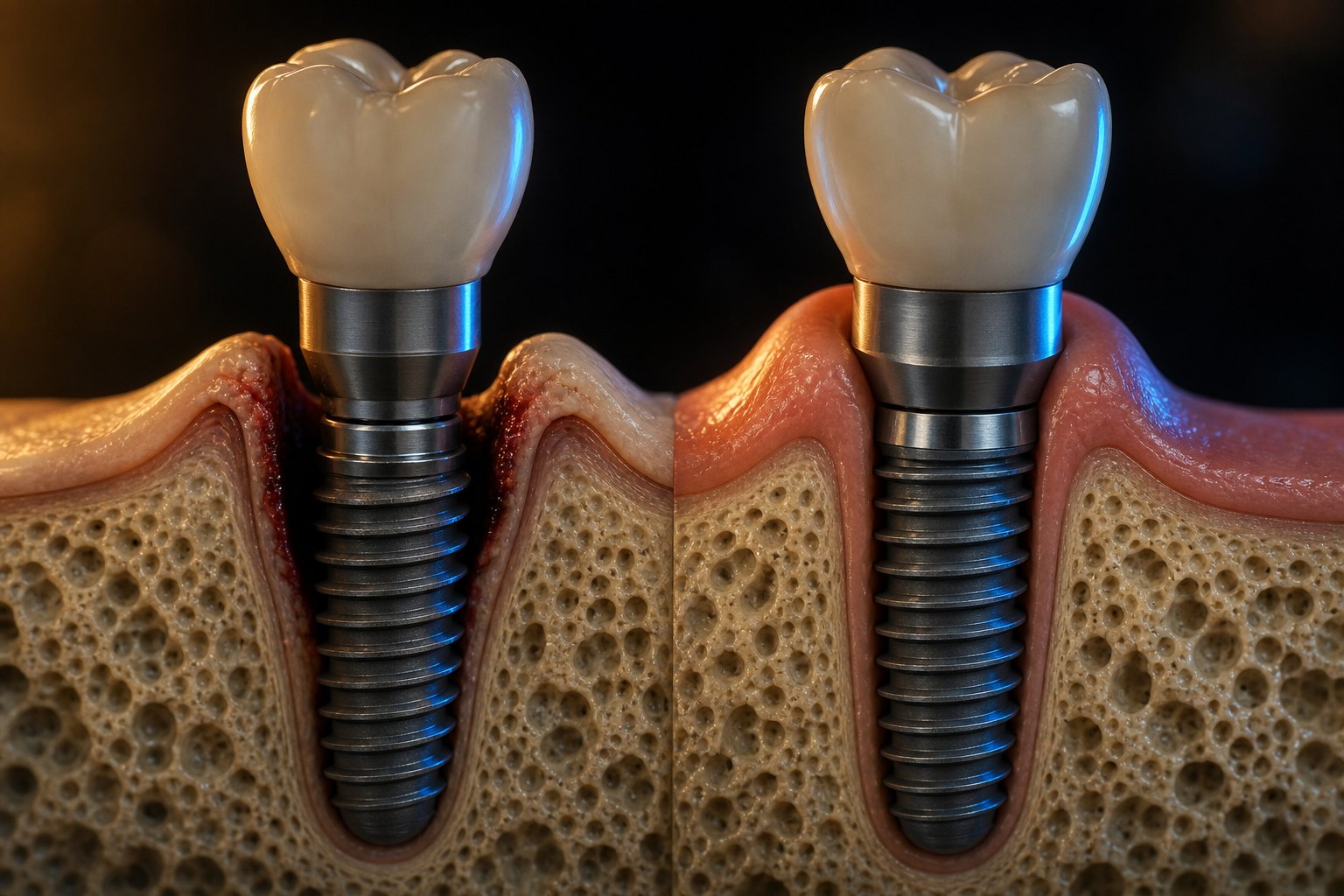 Illustrative cross-sections of thinner and thicker facial peri-implant mucosa; the cohort found an association but did not establish prevention or causation