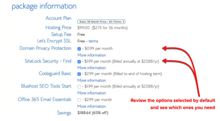 bluehost package information