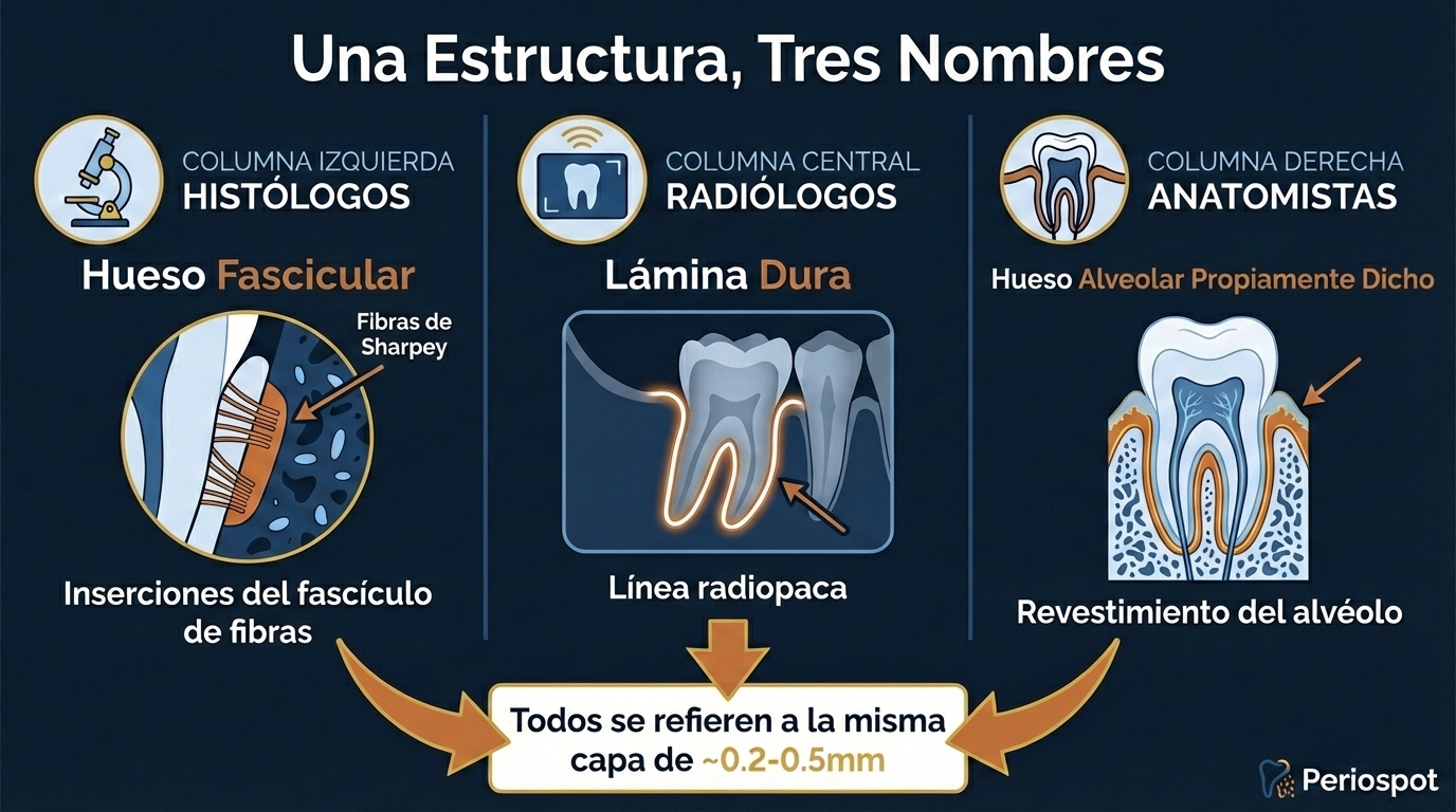 Ilustración en español de la estructura dental: hueso fascicular, lámina dura y hueso alveolar, con diferentes perspectivas.