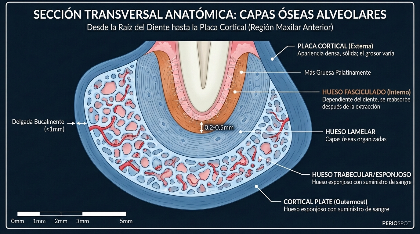 Diagrama en español de la sección transversal anatómica de las capas óseas alveolares, mostrando la raíz del diente y la plac