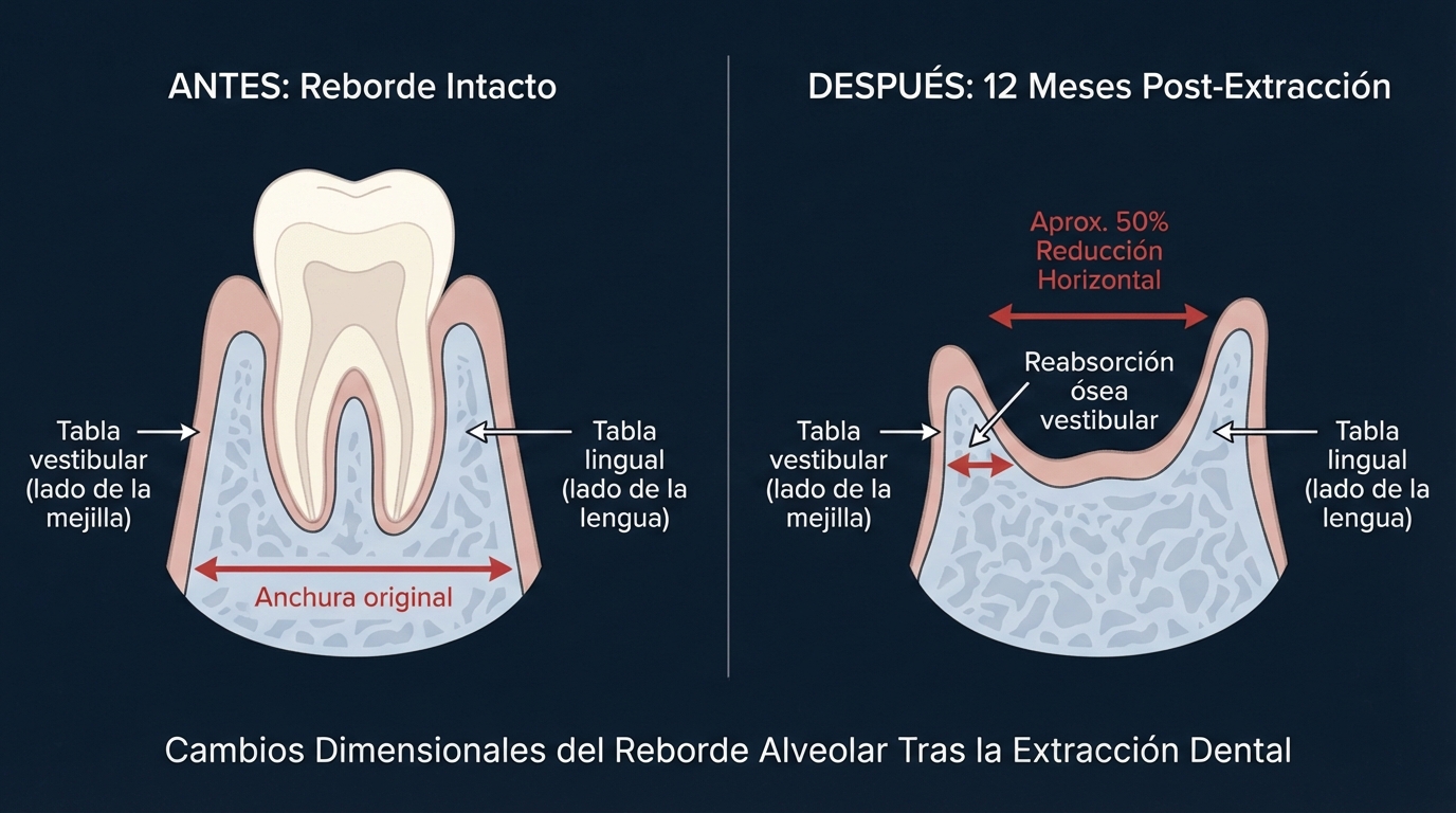 Comparación del reborde alveolar antes y después de la extracción dental. Muestra la reabsorción ósea y reducción horizontal.