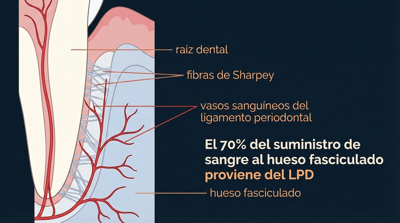 Diagrama dental en español: raíz dental, fibras de Sharpey, vasos sanguíneos del ligamento periodontal y hueso fasciculado.