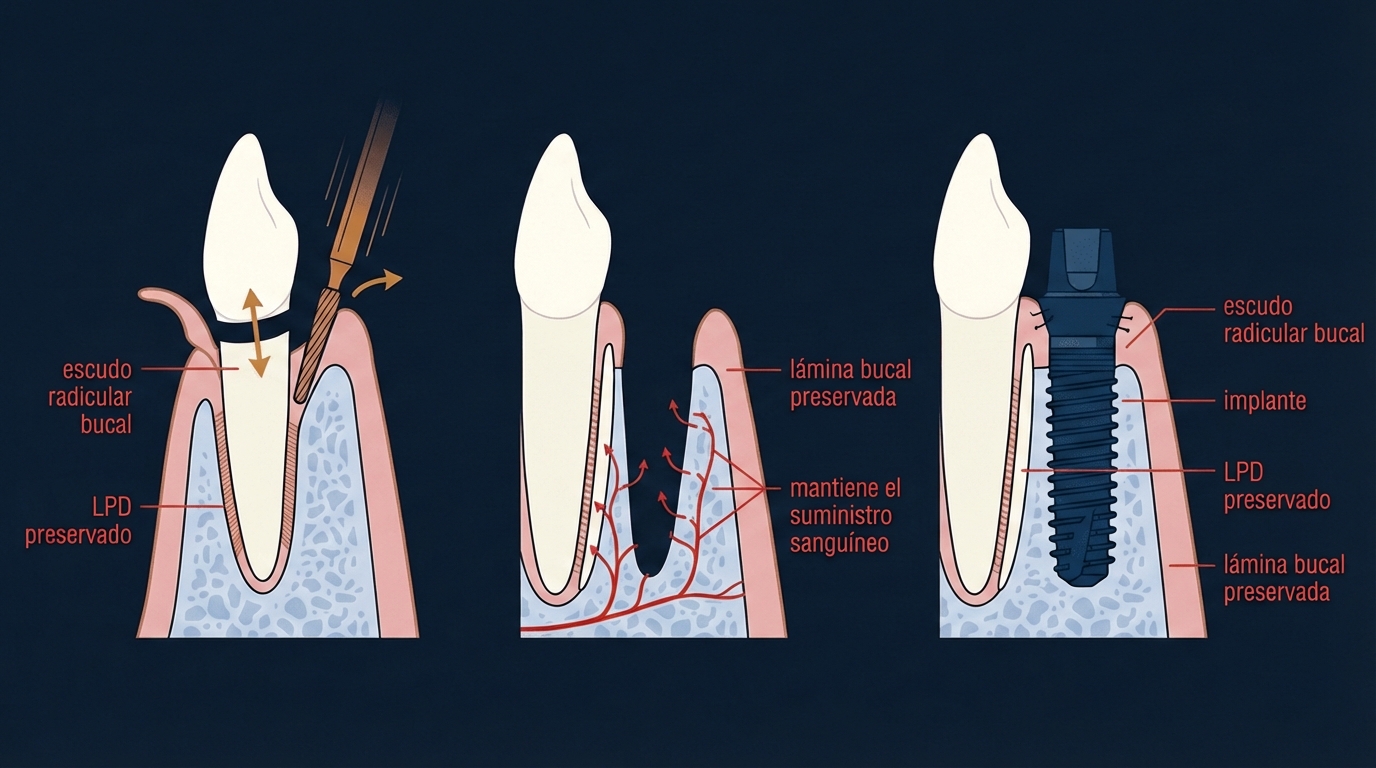 Ilustración en español que muestra el procedimiento de implante dental con escudo radicular bucal preservado y LPD preservado