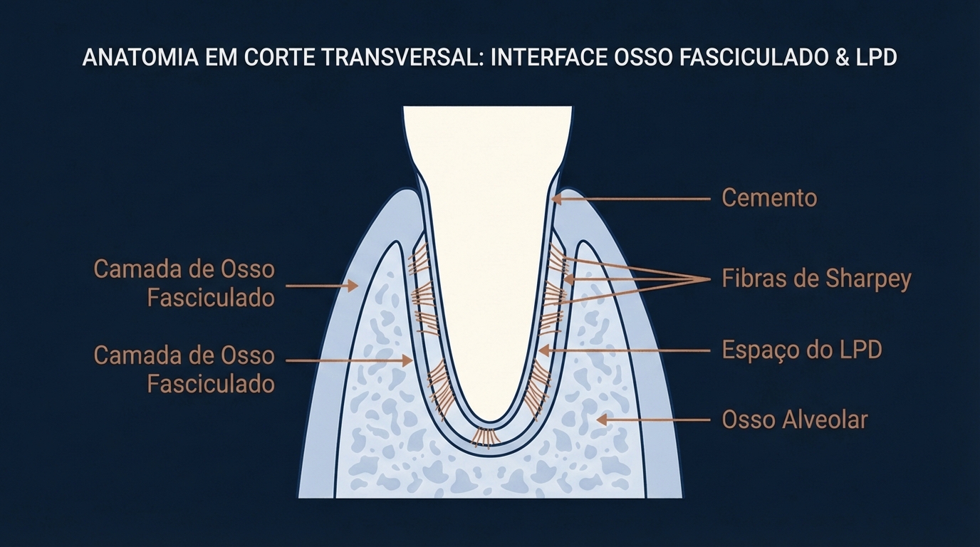 Diagrama em português da anatomia dentária em corte transversal mostrando osso fasciculado e LPD.