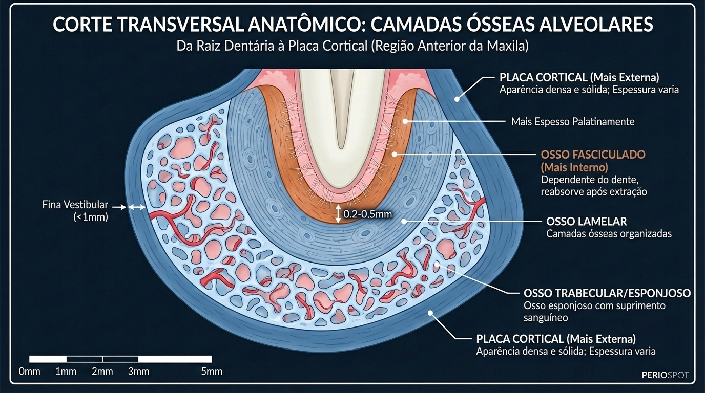 Corte transversal anatômico das camadas ósseas alveolares. Raiz dentária à placa cortical, região anterior da maxila.