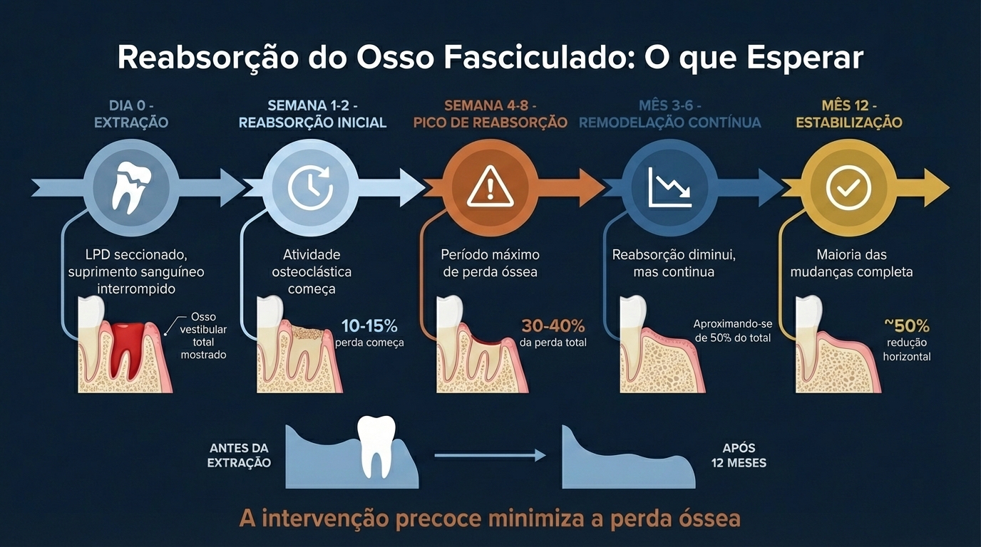Infográfico em português mostrando a reabsorção óssea após extração dentária ao longo de 12 meses.