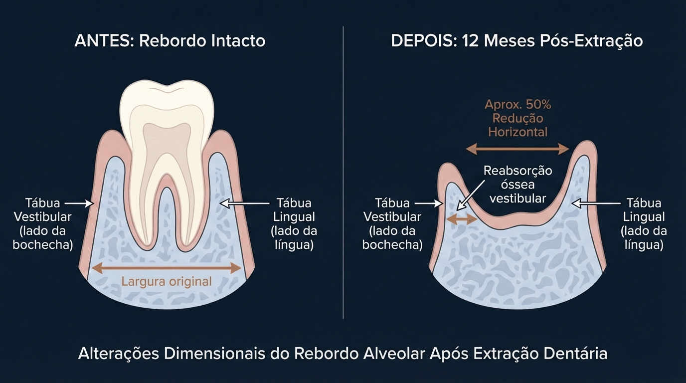 Alterações ósseas pós-extração dentária: Antes e depois de 12 meses. Mostra reabsorção óssea e redução horizontal.