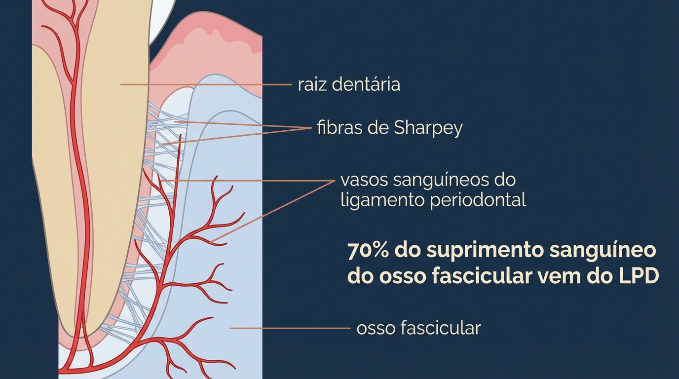 Diagrama em português de um dente mostrando a raiz dentária, fibras de Sharpey e vasos sanguíneos do ligamento periodontal.