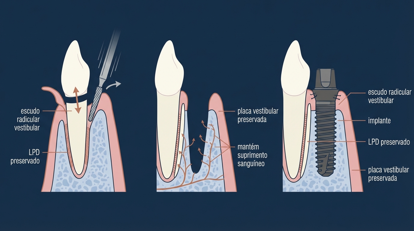 Ilustração em português de implante dentário com escudo radicular vestibular preservado e LPD preservado.