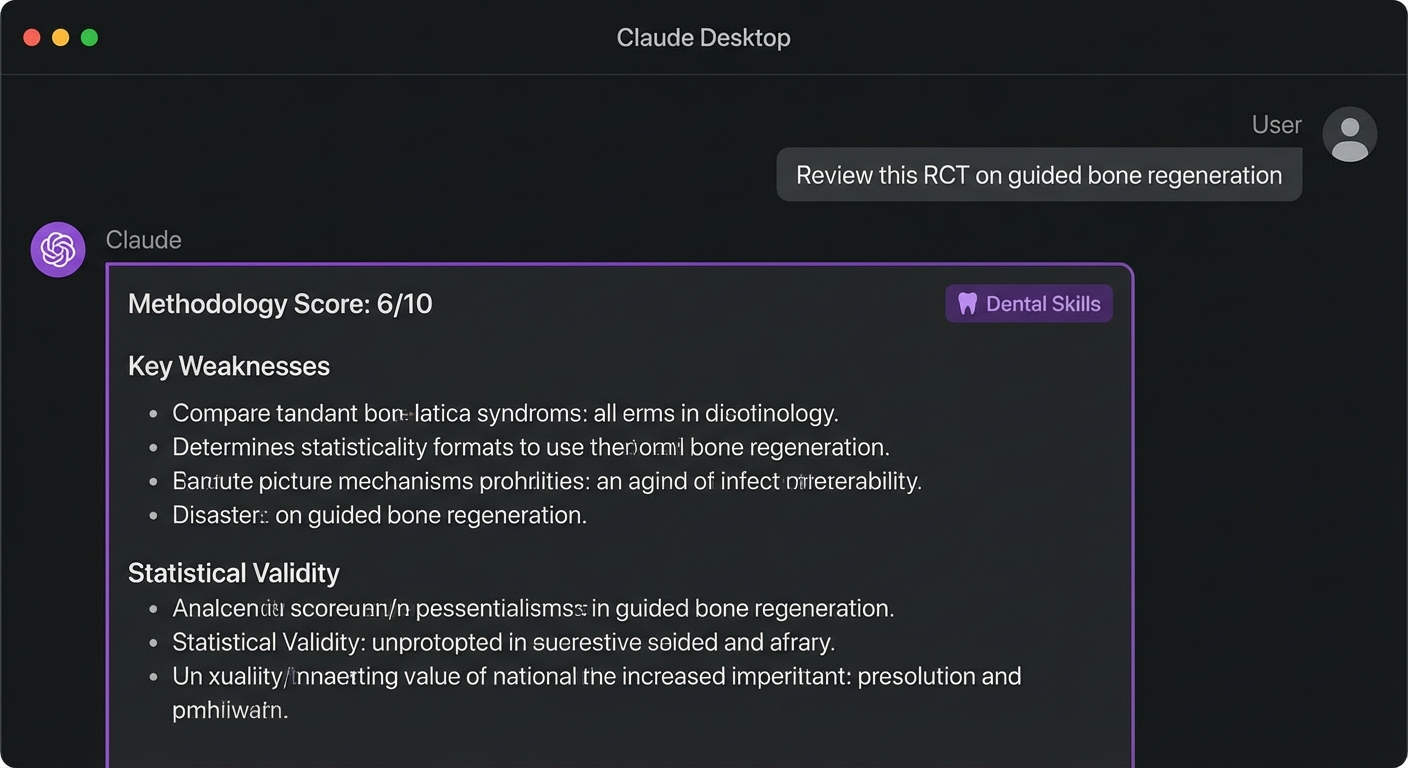 Claude Desktop with dental skills active - structured research critique
