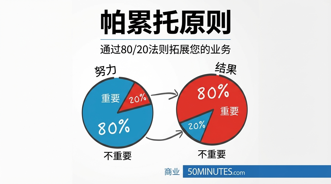 Chinese infographic illustrating Pareto Principle (80/20 rule). Pie charts show effort vs. results, highlighting important/un
