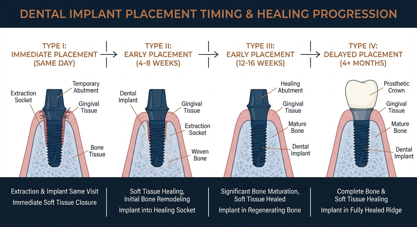 Implant placement timeline classification showing Type I through Type IV