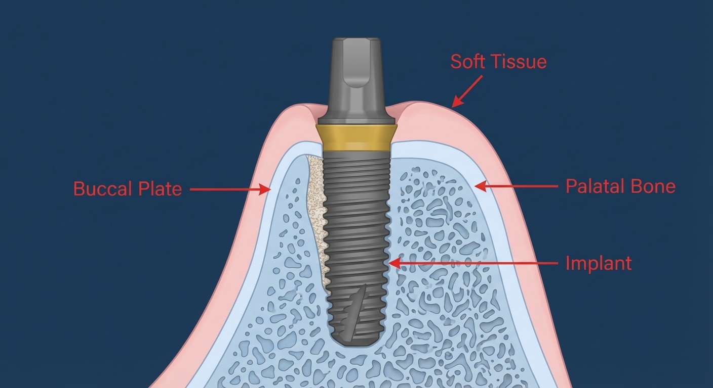 Immediate implant placement cross-section showing implant positioned in fresh extraction socket