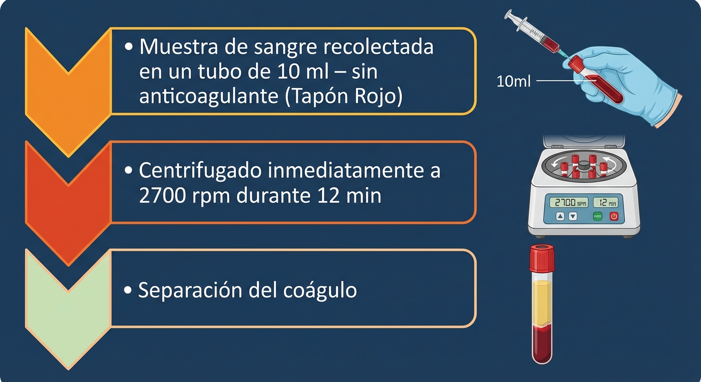 Blood separation diagram in Spanish: tube fill, centrifuge (2700 RPM, 12 min), clot separation. For dental education.
